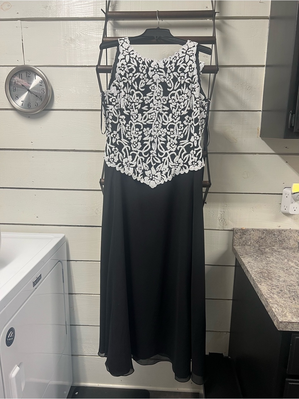 Chadwicks Black and White Beaded Bodice Evening Dress